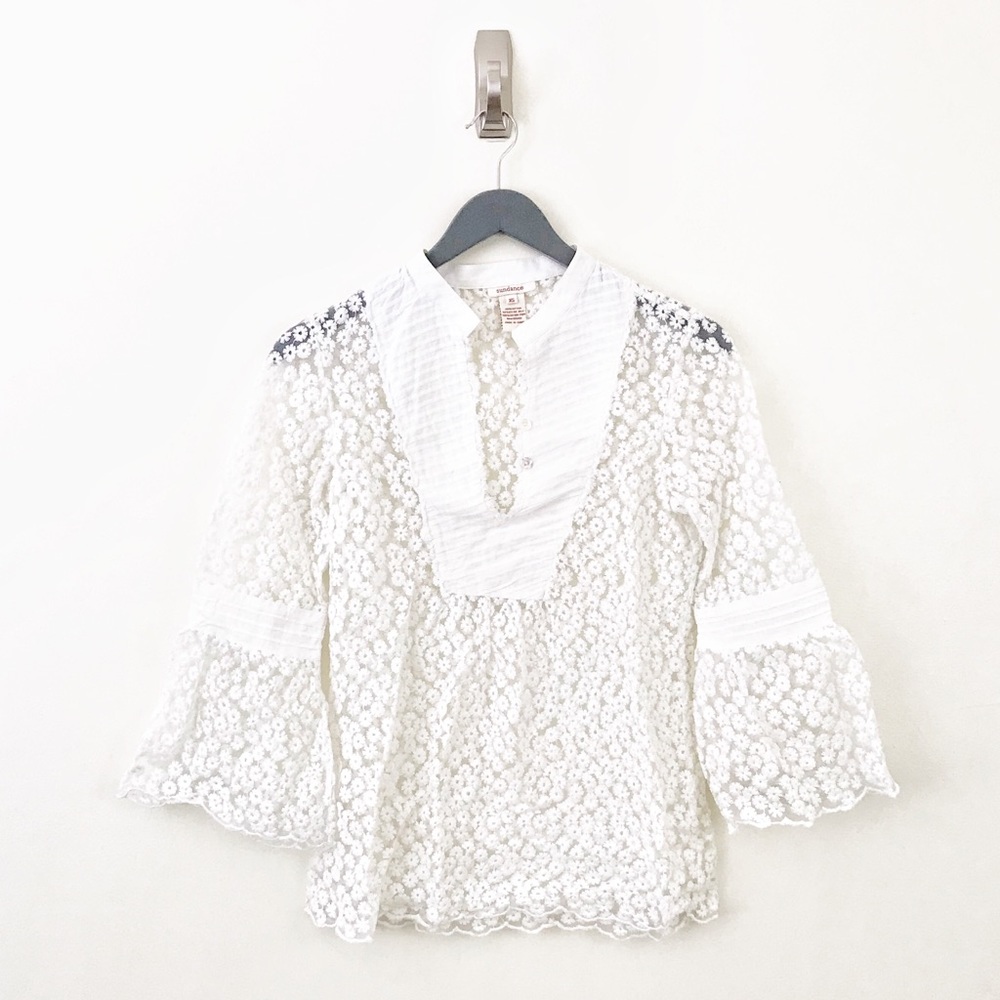 SUNDANCE White Floral Lace Blouse w/ Bell Sleeves